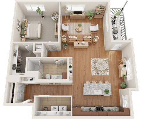 Floor plan for 1 bed, 1 bath, 1219 sqft